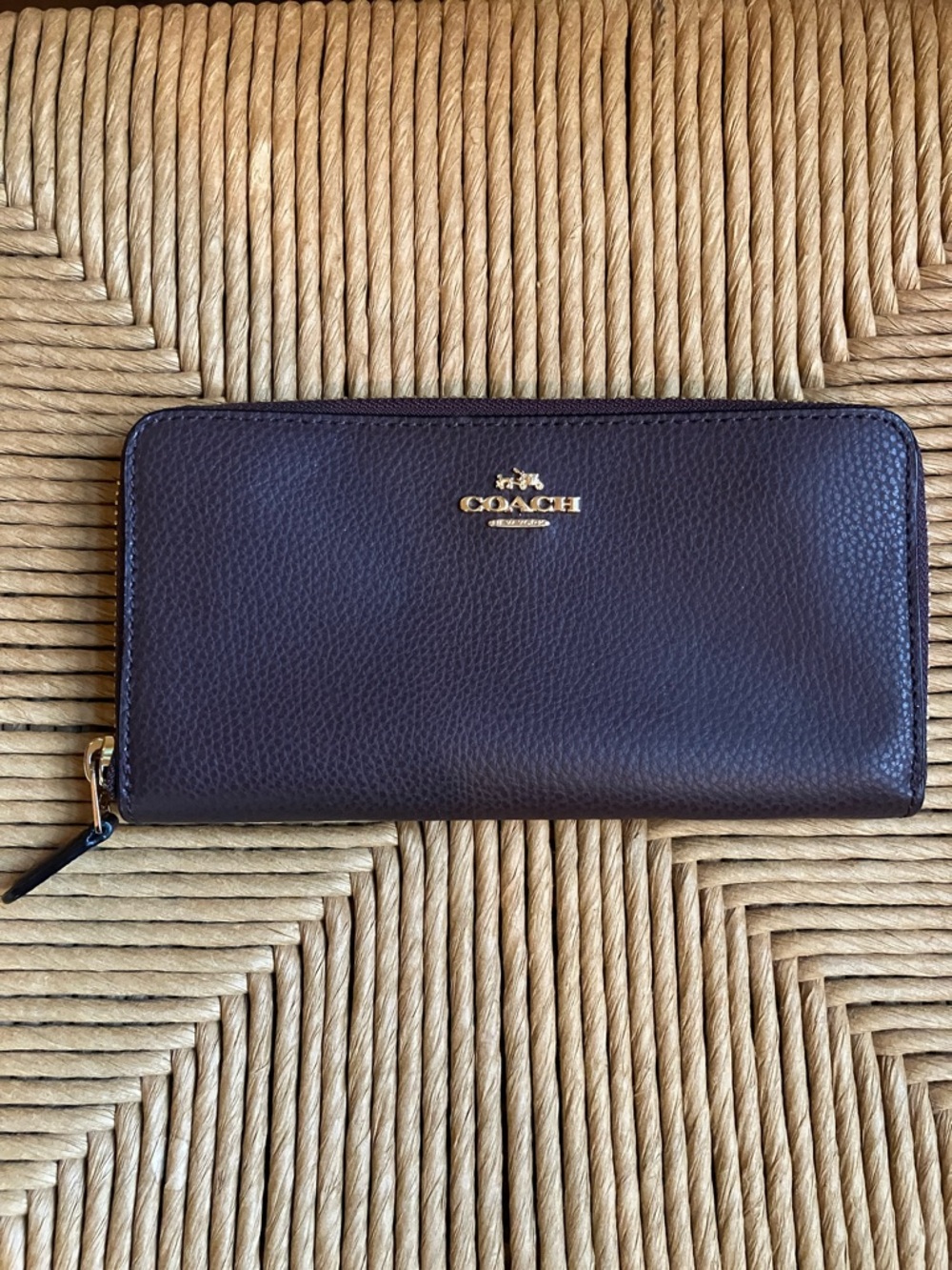 Coach Brown Pebbled Leather Zip-Around Wallet with Gold Logo